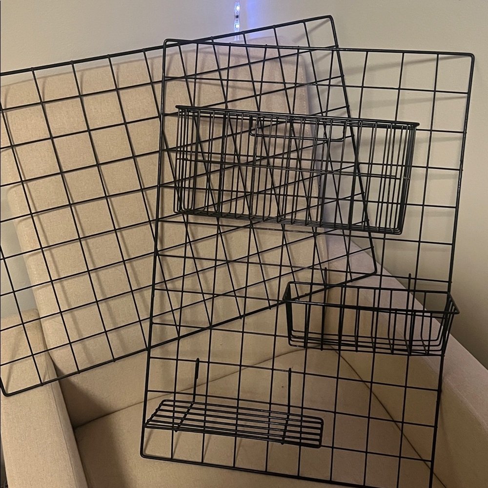 Black Wire Grid Wall Set with baskets and shelf